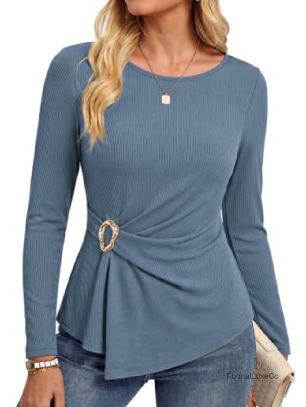 Women's Peplum Blouse Long Sleeve Ribbed Knit Slim Fit Business Casual Top